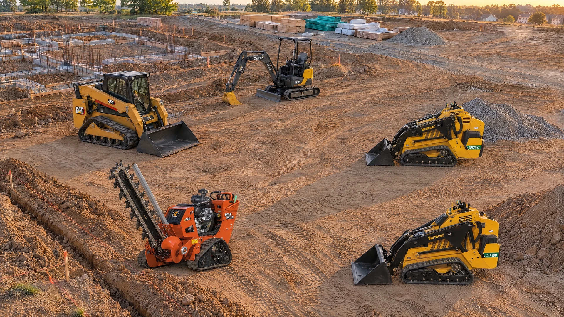 J&R fleet overview: CAT 265 left, John Deere 17P by the foundation, Ditch Witch C30X front left, S925TX back right and CTX100 front right